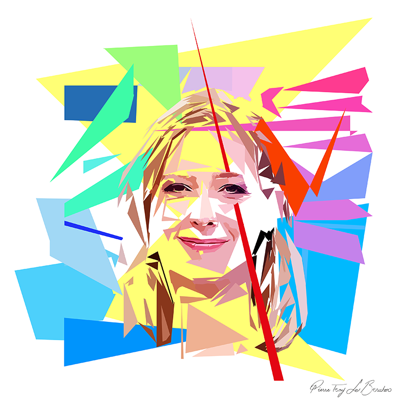 Portrait d’Alexia Mayer construit en facettes colorées sur fond blanc, entouré de formes géométriques jaunes, roses, bleues et vertes.