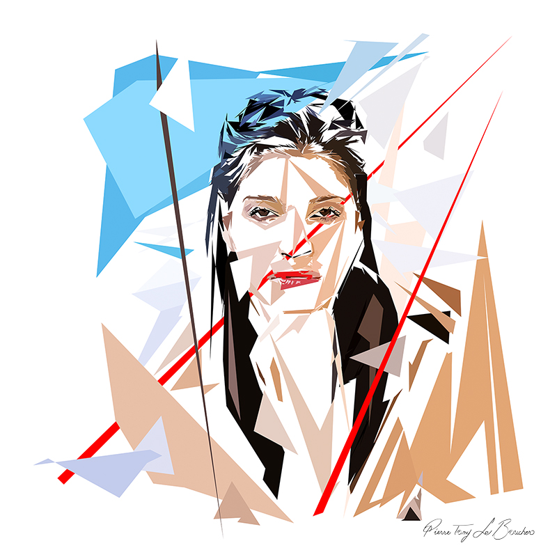 Portrait d’Amani, maîtresse d’Hermès, composé de formes polygonales blanches, bleues, beiges, brunes et rouges sur fond blanc.