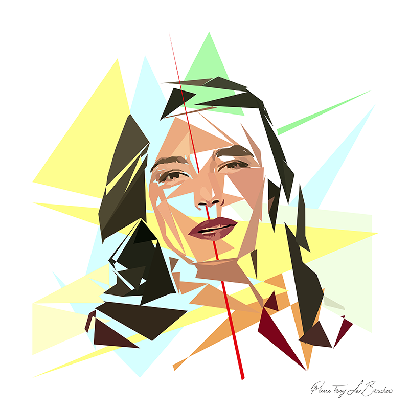 Portrait d’Anaïs Baydemir construit en facettes colorées sur fond blanc, entouré de formes géométriques jaunes, vertes et bleu clair.