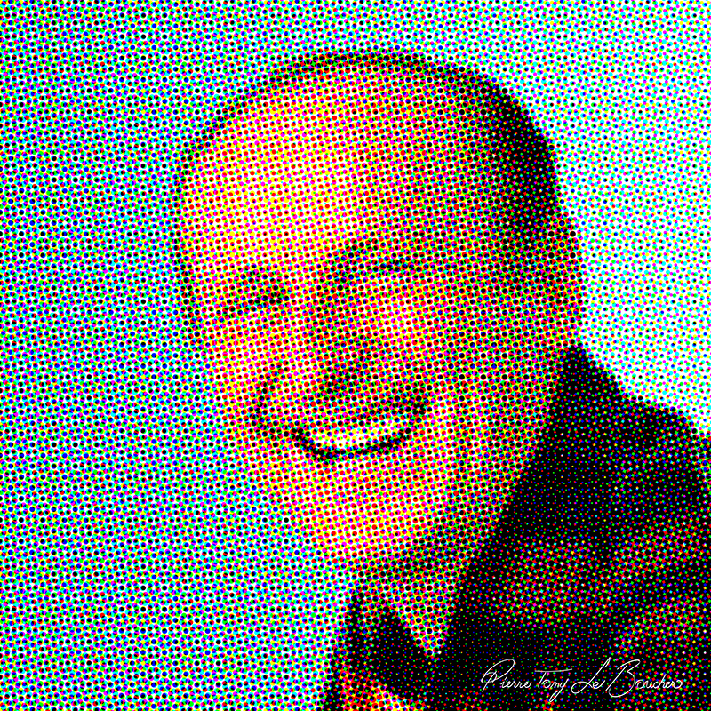 Portrait d’André Bourvil traité par dilution optique, composé d’une trame très visible de points cyan, magenta, jaunes et noirs.