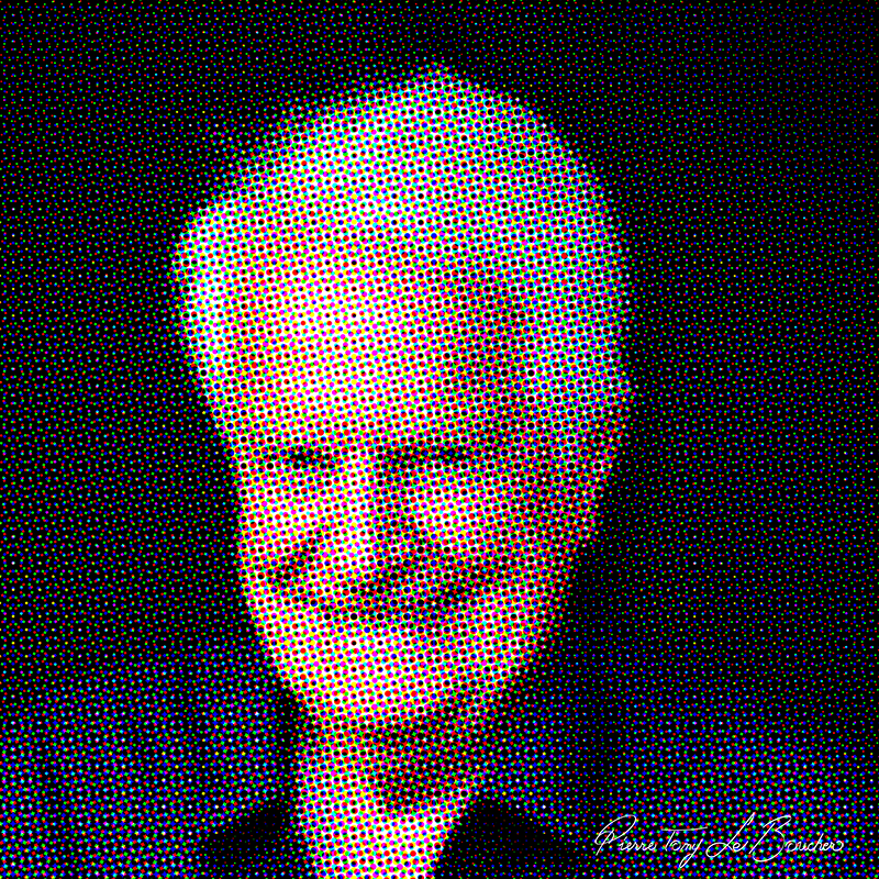 Portrait d’André Dussollier traité par dilution optique, composé d’une trame très visible de points cyan, magenta, jaunes et noirs.