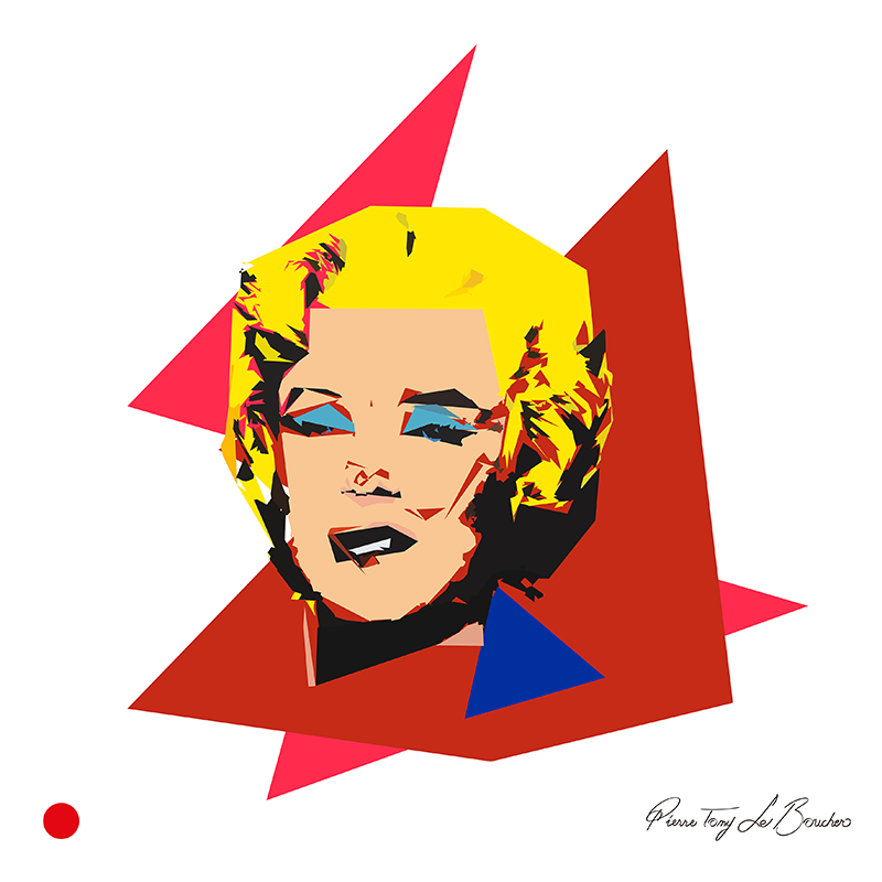 Marilyn Monroe réinterprétée d’après Andy Warhol dans un portrait composé d’aplats polygonaux jaunes, rouges, roses, bleus et noirs, œuvre de Pierre Tomy Le Boucher.