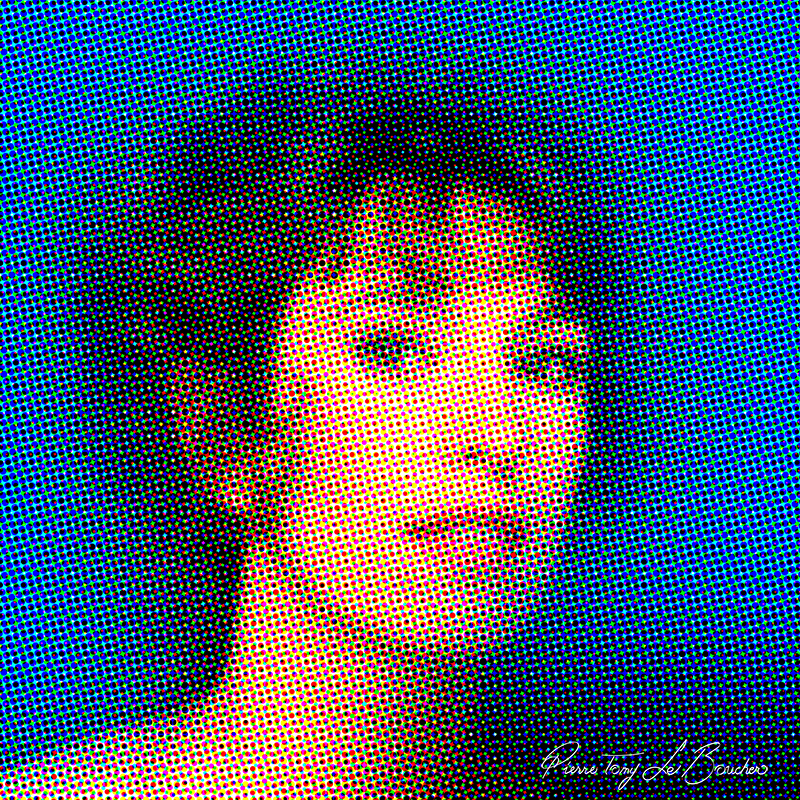 Portrait d’Anémone traité par dilution optique, composé d’une trame très visible de points cyan, magenta, jaunes et noirs.