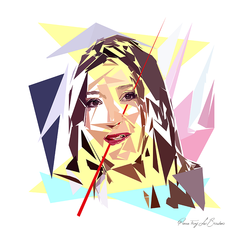 Portrait d’Anissa Arfaoui construit en facettes colorées sur fond blanc, entouré de formes géométriques jaunes, roses, bleu clair et bleu nuit.