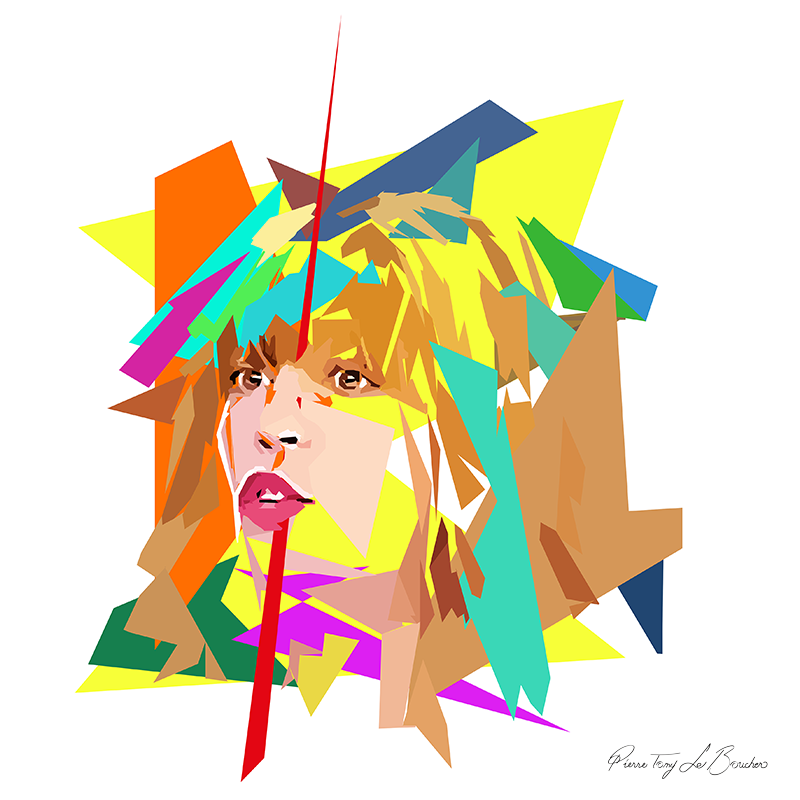 Portrait d’Anna Reinhardt construit en facettes colorées sur fond blanc, entouré de formes géométriques jaunes, orange, turquoise, vertes et bleues.