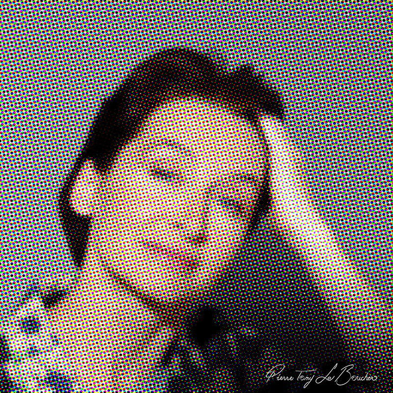 Portrait d’Anne Brochet traité par dilution optique, composé d’une trame très visible de points cyan, magenta, jaunes et noirs.