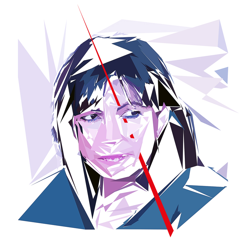 Portrait numérique d’Anne Hidalgo composé de formes polygonales, de tonalités bleues, violettes et roses, traversé par une forme rouge.