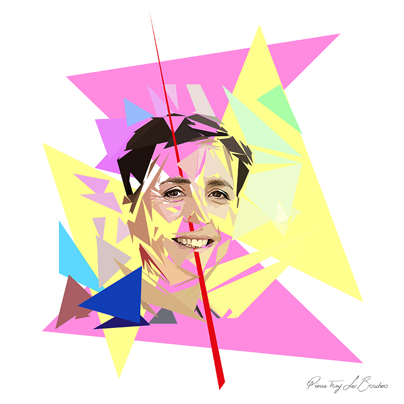 Portrait d’Anne-Marie Revol construit en facettes colorées sur fond blanc, entouré de formes géométriques roses, jaunes, vertes et bleues.