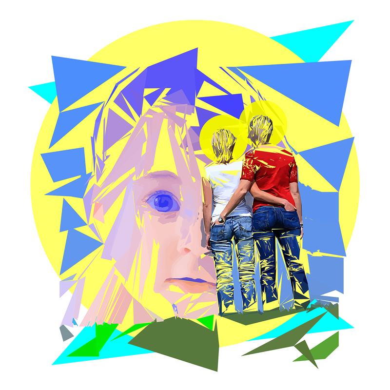 Composition géométrique aux couleurs vives montrant un grand visage féminin et deux figures blondes vues de dos, enlacées et auréolées, devant un disque jaune.