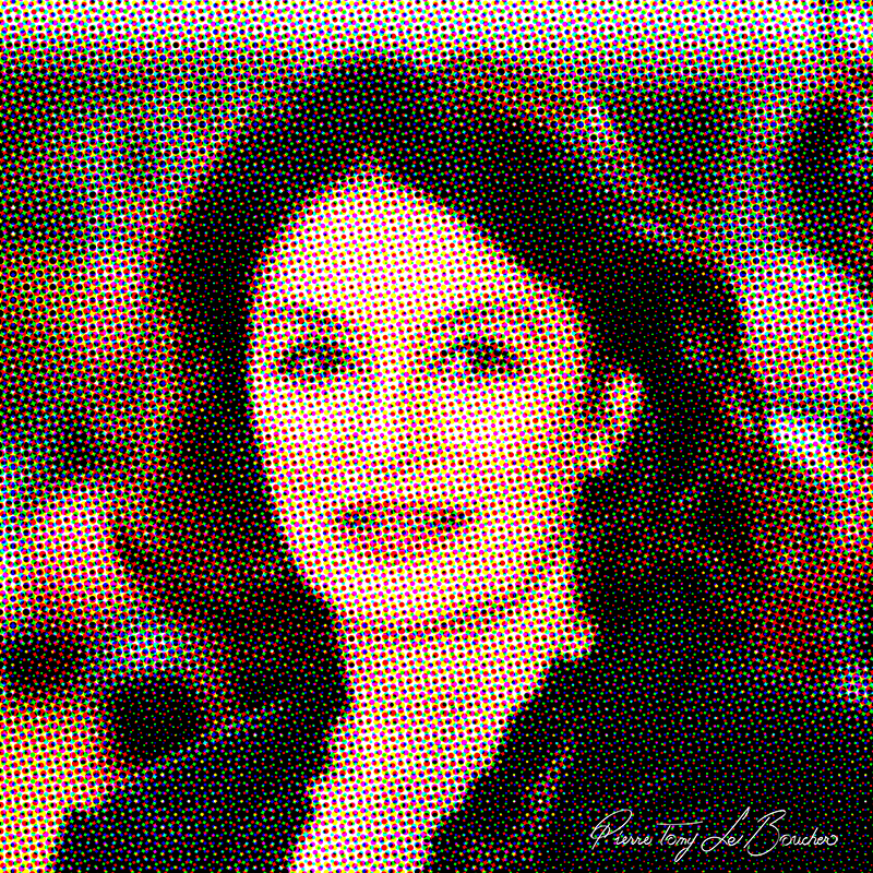 Portrait d’Anouk Aimée traité par dilution optique, composé d’une trame très visible de points cyan, magenta, jaunes et noirs.