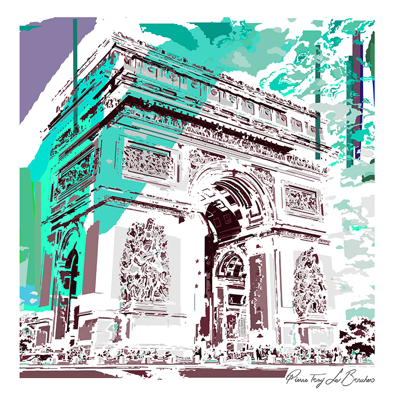 Arc de Triomphe de Paris transformé en composition graphique turquoise, bordeaux, mauve et blanche, œuvre de la série Architexture.