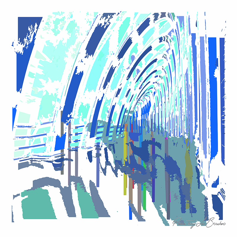 Perspective d’une architecture moderne transformée en composition graphique aux arcs répétés, dans des tonalités bleues, turquoise, vertes et grises, série Architexture.