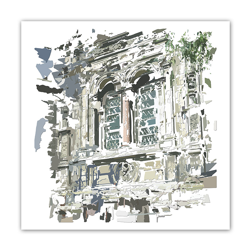 Archivolte et fenêtre d’architecture religieuse recomposées en fragments blancs, gris, verts et beiges, œuvre numérique Comma de Pierre Tomy Le Boucher.