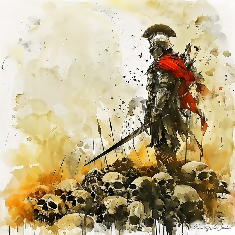 Arès – divinité grecque personnifiée, dieu de la guerre, représenté en guerrier antique debout sur un amas de crânes dans une peinture mythologique puissante et dramatique.