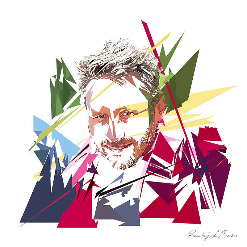 Portrait géométrisé d’Arès, homme barbu au regard intense, structuré par des formes anguleuses rouges, roses, vertes, bleues et jaunes, œuvre de Pierre Tomy Le Boucher.