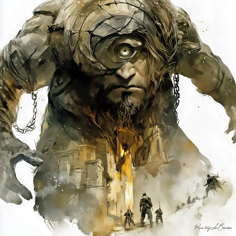 Argès – divinité grecque personnifiée du Cyclope forgeron de la mythologie grecque, géant à l’œil unique dominant une scène antique dans une peinture mythologique expressive.