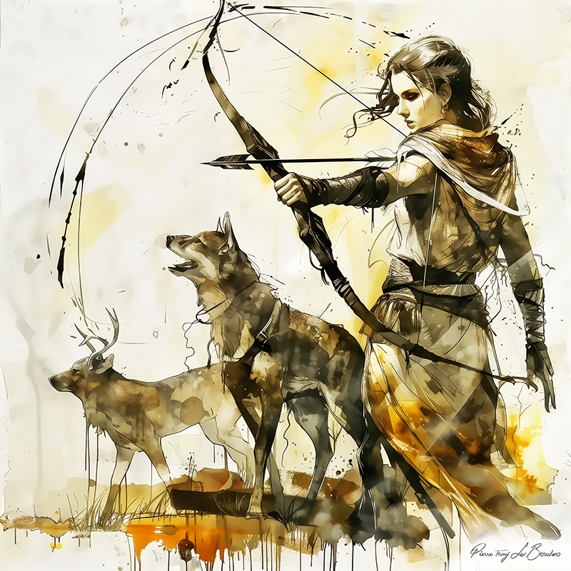 Artémis – divinité grecque personnifiée, déesse de la chasse, représentée avec arc, cerf et chien dans une peinture mythologique élégante et dynamique.