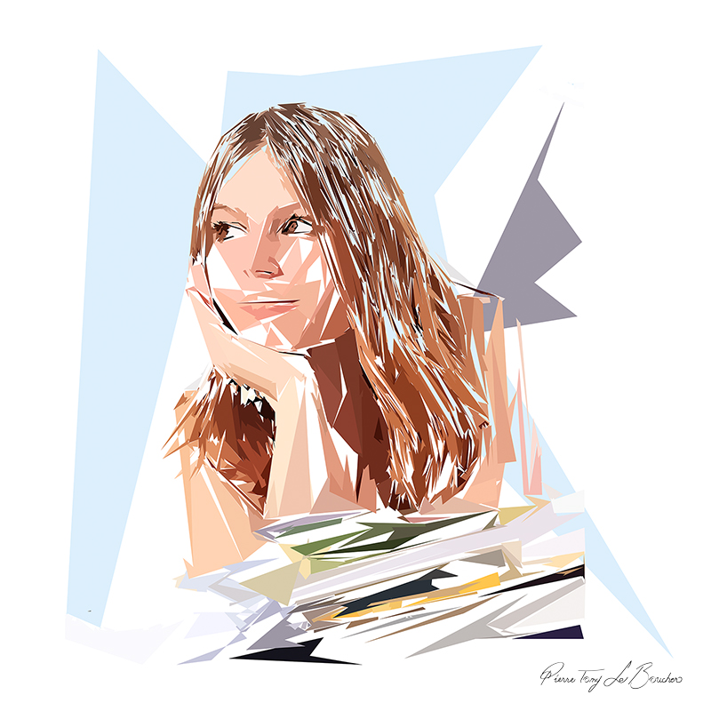 Portrait d’Artémis, jeune femme aux cheveux longs, le visage posé sur sa main, composé de formes polygonales brunes, beiges et bleu pâle sur fond blanc.