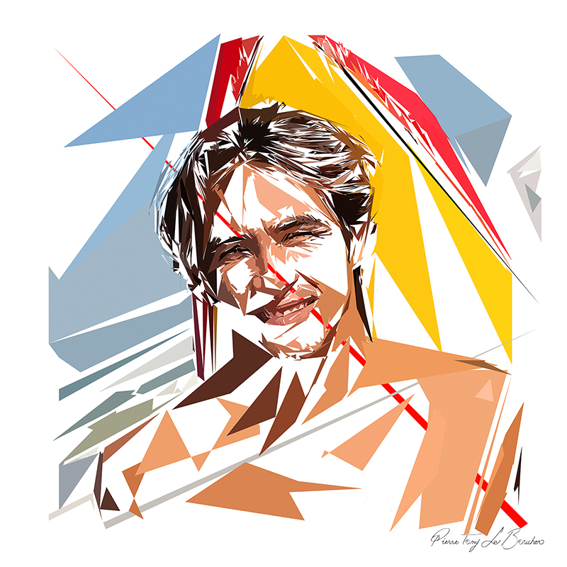 Portrait d’Asclépios, homme souriant composé de formes polygonales jaunes, orangées, bleues, rouges, brunes et blanches.