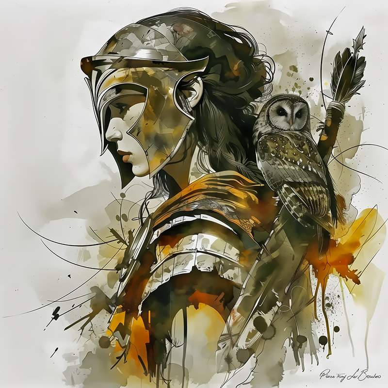 Athéna – divinité grecque personnifiée de la sagesse et de la stratégie militaire, représentée avec casque et chouette dans une peinture mythologique symbolique.