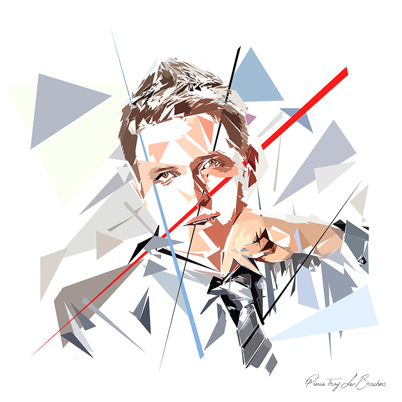 Portrait d’Atlas, homme aux cheveux courts représenté par des formes polygonales grises, bleues, beiges et rouges sur fond blanc.