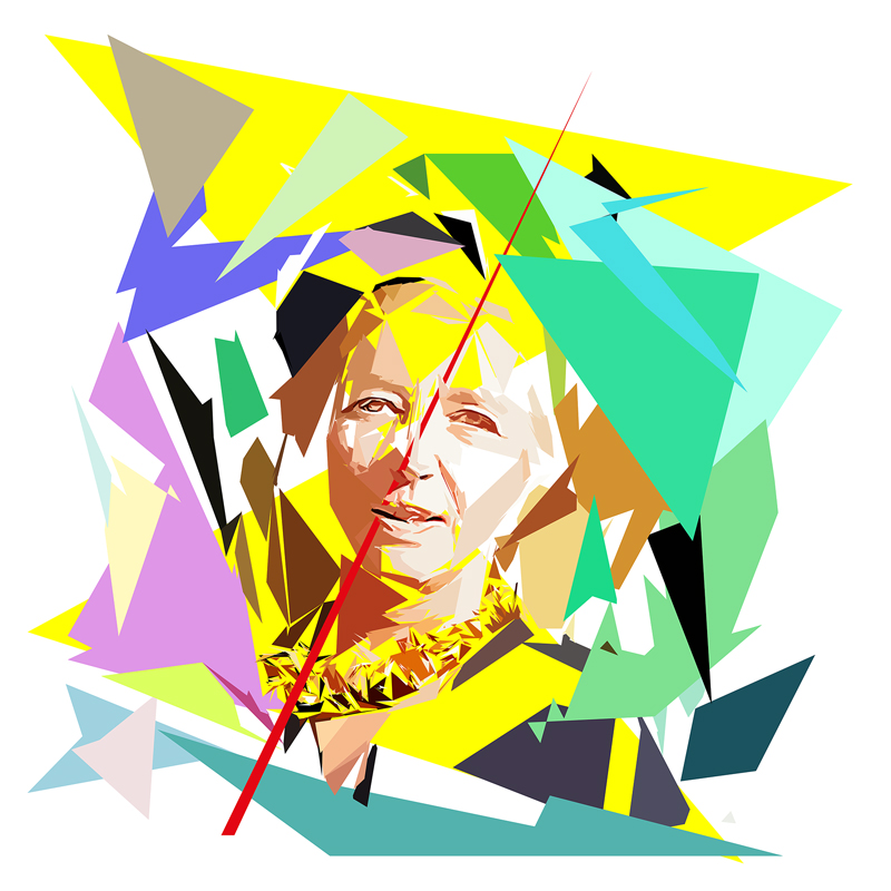 Portrait d’Aude de Kerros composé de polygones, d’aplats colorés et de lignes droites, œuvre de Pierre Tomy Le Boucher.