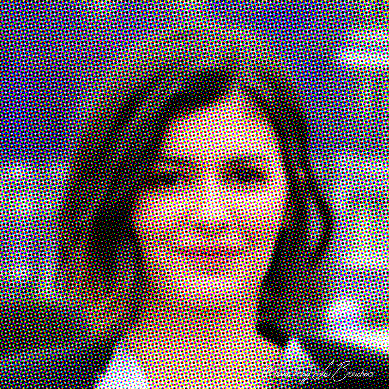 Portrait d’Audrey Tautou traité par dilution optique, composé d’une trame très visible de points cyan, magenta, jaunes et noirs.