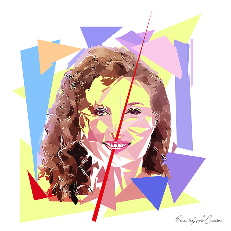 Portrait d’Aurélia Bloch construit en facettes colorées sur fond blanc, entouré de formes géométriques jaunes, bleues, violettes et roses.