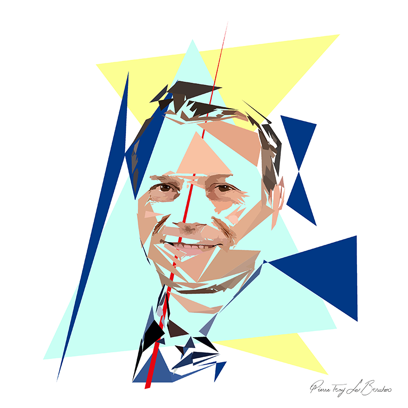 Portrait souriant d’Axel de Tarlé, construit en facettes pêche, beiges et brunes parmi de grands triangles turquoise, jaunes et bleu profond, avec des pointes rouges sur fond blanc.