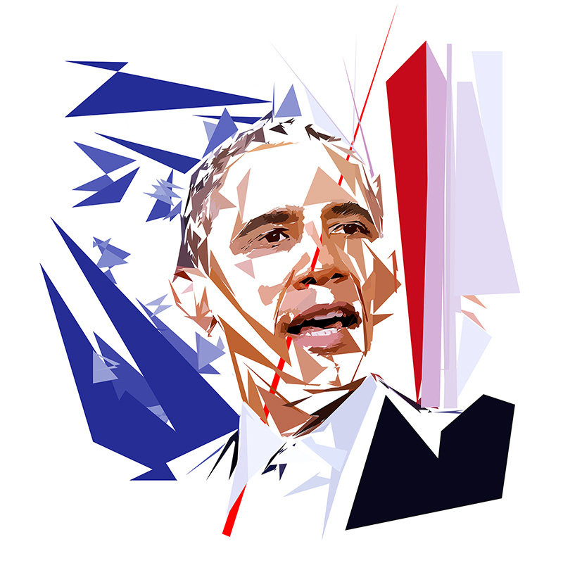 Portrait numérique de Barack Obama composé de formes polygonales, d’aplats bleus, rouges, bruns et blancs.