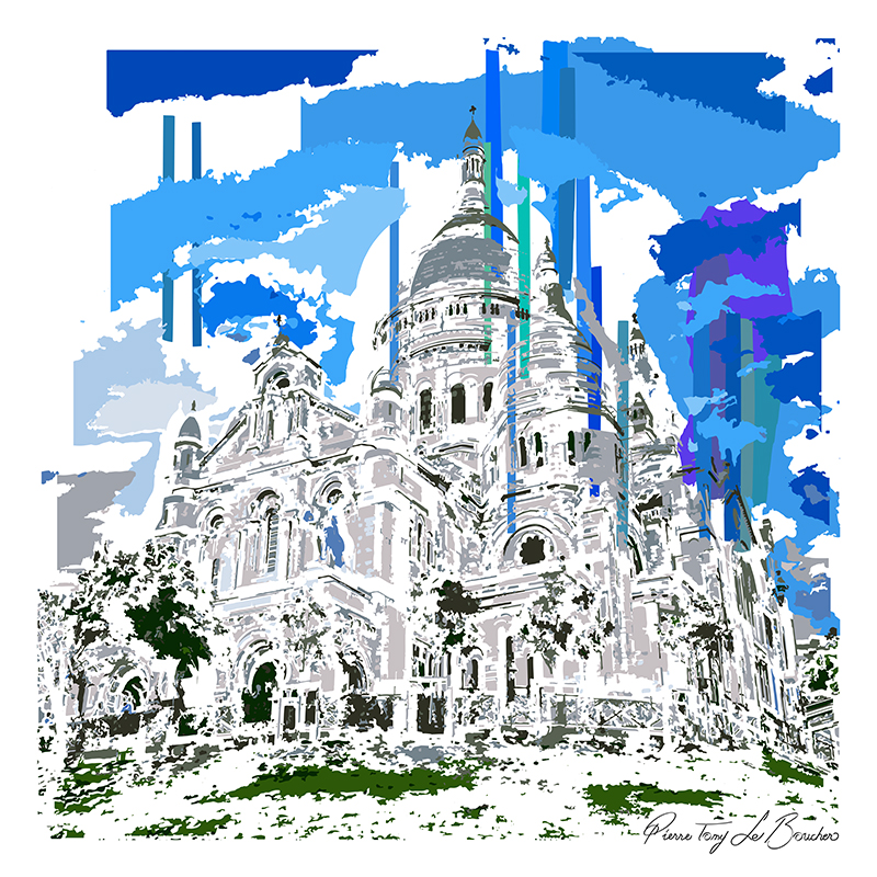 Basilique du Sacré-Cœur de Montmartre à Paris transformée en composition graphique blanche, bleue et verte, œuvre de la série Architexture.