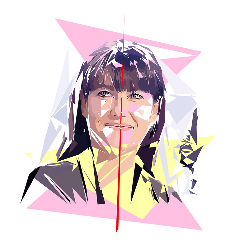 Portrait de Béatrice Benoit-Gonin construit en facettes colorées sur fond blanc, entouré de formes géométriques roses, jaunes, blanches et violettes.