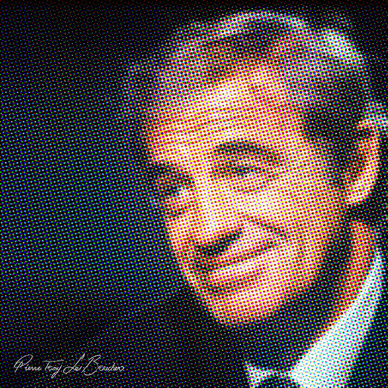 Portrait de Jean-Paul Belmondo traité par dilution optique, composé d’une trame très visible de points cyan, magenta, jaunes et noirs.