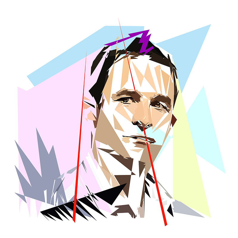 Portrait numérique de Benoît Hamon composé de formes polygonales, d’aplats beige, noirs, bleus et pastel, traversé par des lignes rouges.