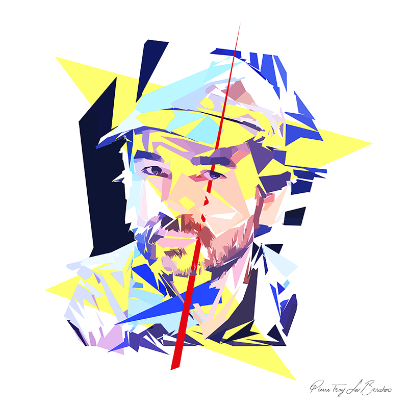 Portrait de Benoît Lagane construit en facettes colorées sur fond blanc, entouré de formes géométriques jaunes, bleues, turquoise, blanches et bleu nuit.