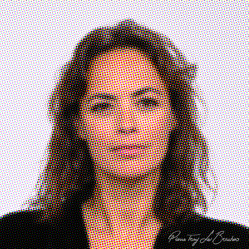Portrait de Bérénice Bejo traité par dilution optique, composé d’une trame très visible de points cyan, magenta, jaunes et noirs.