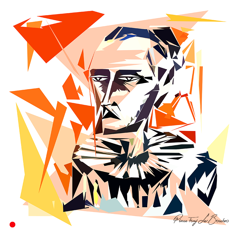Réinterprétation d’un autoportrait de Bernard Buffet de 1981, visage masculin frontal fragmenté en aplats polygonaux noirs, blancs, orange, jaunes et chair, œuvre de Pierre Tomy Le Boucher.