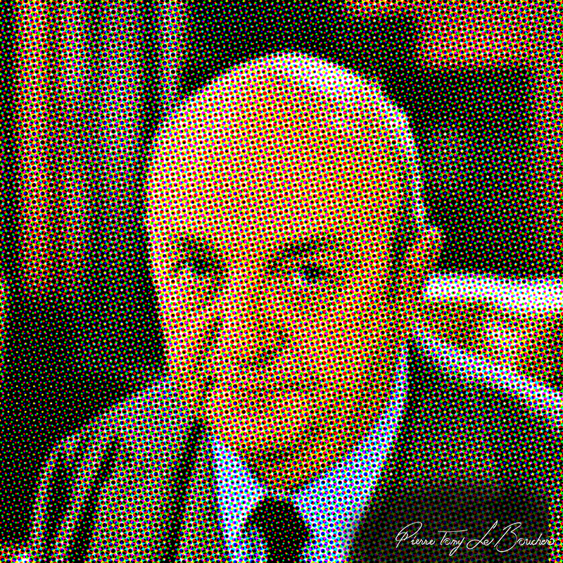 Portrait de Bernard Blier traité par dilution optique, composé d’une trame très visible de points cyan, magenta, jaunes et noirs.