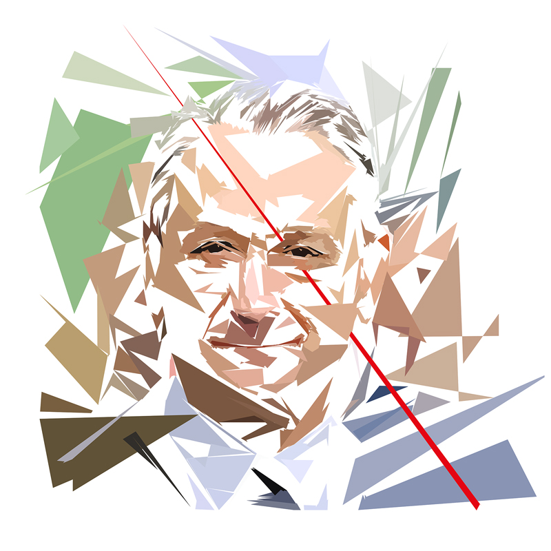 Portrait numérique de Bertrand Delanoë composé de formes polygonales, d’aplats bruns, verts, gris et bleus, traversé par une longue ligne rouge.