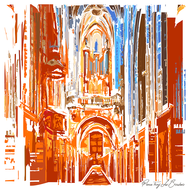 Intérieur de la co-cathédrale Notre-Dame de Bourg-en-Bresse transformé en composition graphique orange, bleue, brune et blanche, œuvre de la série Architexture.