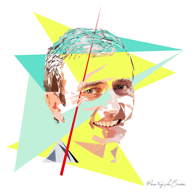 Portrait souriant de Brice Teinturier légèrement tourné vers la droite, composé de facettes roses, beiges et brunes, parmi des triangles jaune vif, turquoise et vert pâle, avec un long triangle rouge effilé sur fond blanc.