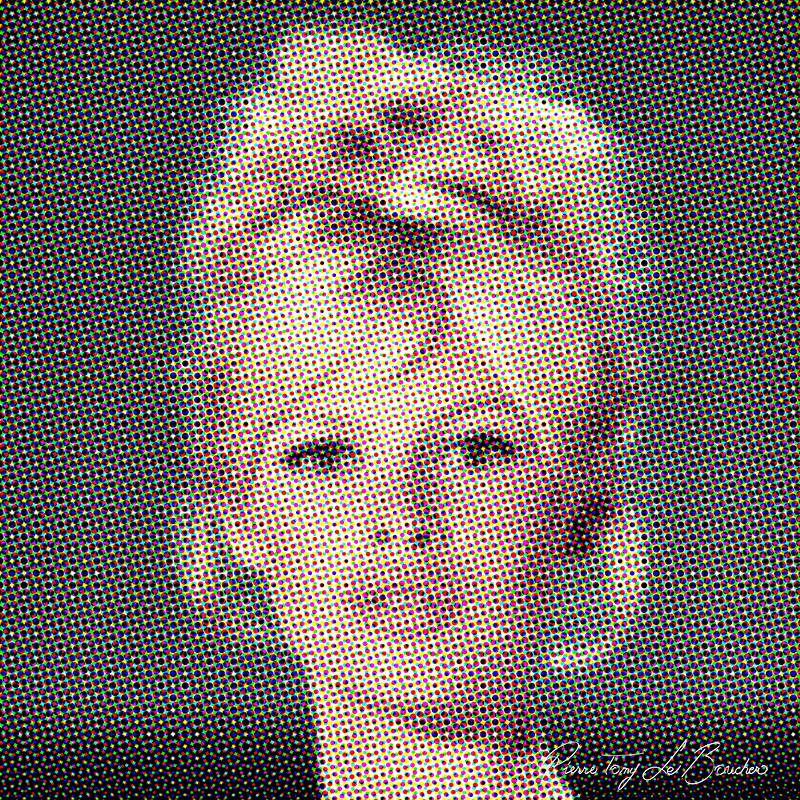 Portrait de Brigitte Bardot traité par dilution optique, composé d’une trame très visible de points cyan, magenta, jaunes et noirs.