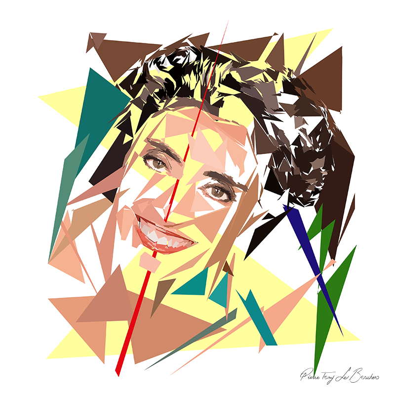 Portrait de Brigitte-Fanny Cohen construit en facettes colorées sur fond blanc, entouré de formes géométriques jaunes, brunes, vertes et bleu sombre.