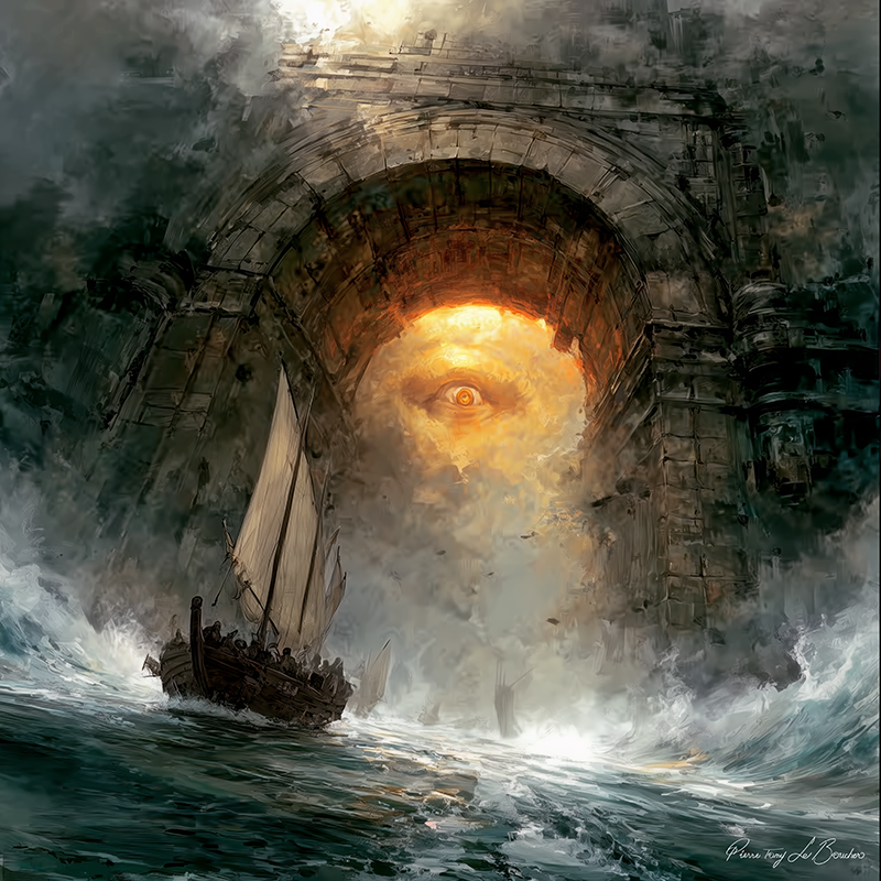 Brontès – divinité grecque personnifiée du Cyclope de la foudre, œil incandescent surgissant sous une arche antique au-dessus de la mer dans une peinture mythologique spectaculaire.