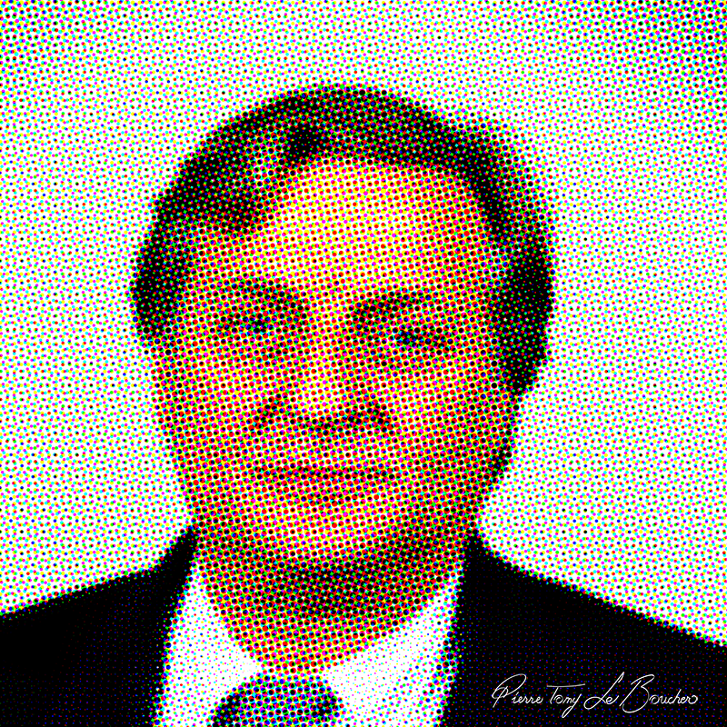Portrait de Bruno Cremer traité par dilution optique, composé d’une trame très visible de points cyan, magenta, jaunes et noirs.