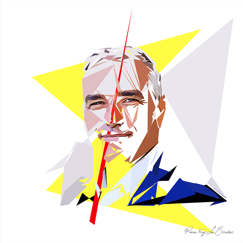 Portrait de Bruno Jeudy aux cheveux gris et au léger sourire, composé de facettes roses, blanches et brunes, entouré de triangles jaunes et gris pâle, avec un vêtement bleu et noir et un long triangle rouge effilé sur fond blanc.