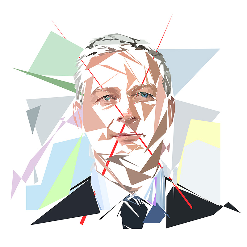 Portrait numérique de Bruno Le Maire composé de formes polygonales, d’aplats beige, gris, bleu et vert, traversé par plusieurs lignes rouges.