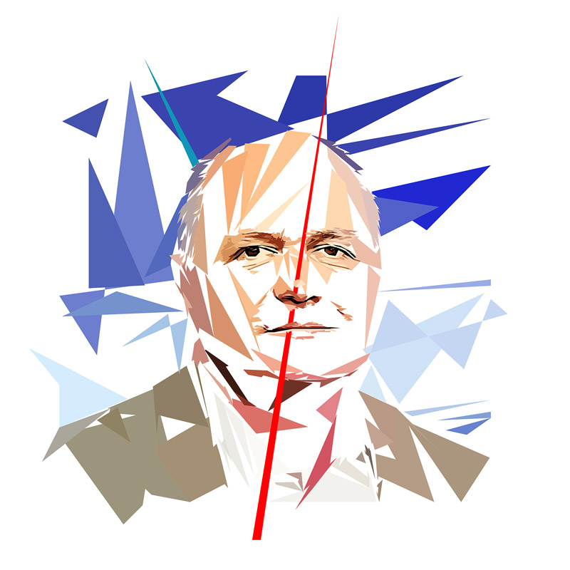 Portrait numérique intitulé Bruno Le Roux, composé de formes polygonales, d’aplats beige, bleu et brun, traversé par une forte ligne rouge verticale.