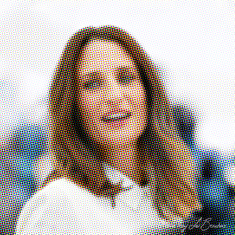 Portrait de Camille Cottin traité par dilution optique, composé d’une trame très visible de points cyan, magenta, jaunes et noirs.