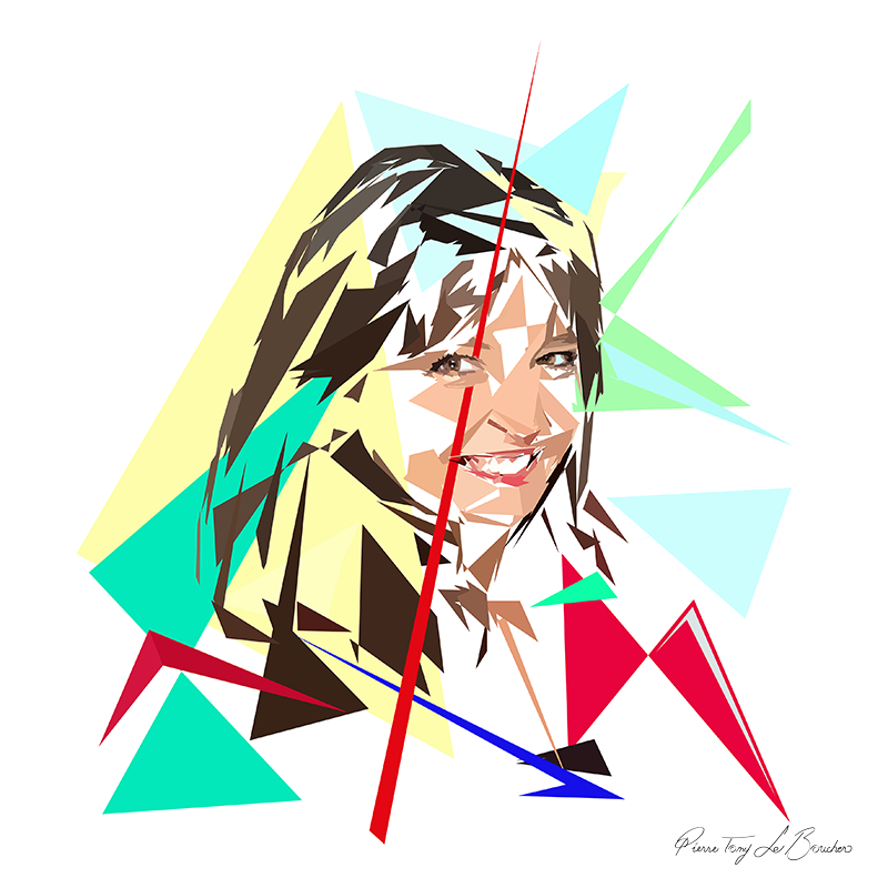 Portrait de Carinne Teyssandier construit en facettes colorées sur fond blanc, entouré de formes géométriques jaunes, turquoise, vertes, rouges et bleu clair.